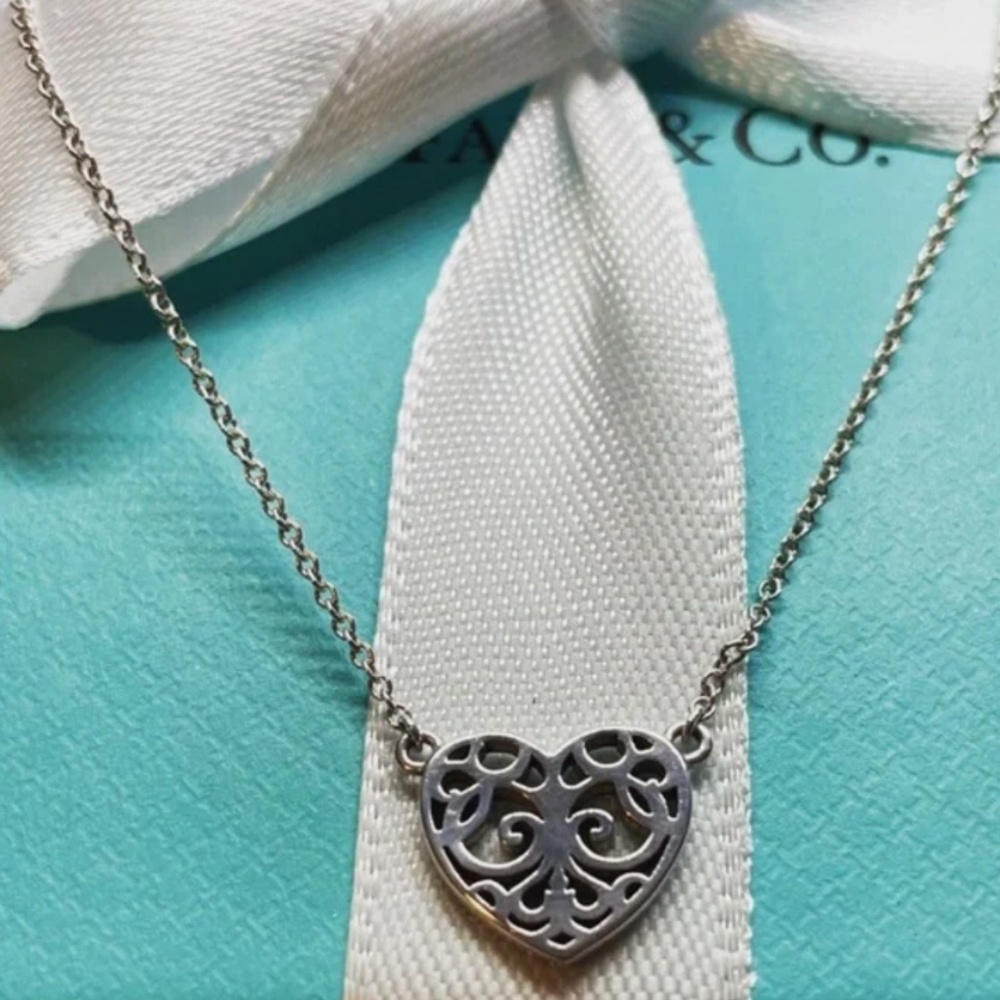 Tiffany & Co. Mini Enchant Filigree Heart Necklace Sterling Silver 16"